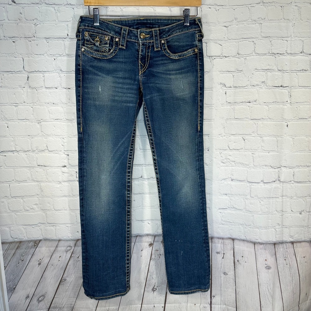True Religion Jeans Womens 29 Blue Straight Leg Crystal Button Low